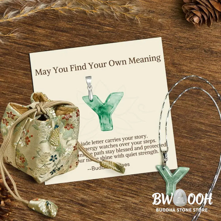 Buddha Stones ’May You Find Your Own Meaning’ Natural A-Z Letter Jade Titanium Steel Chain Necklace Includes Gift