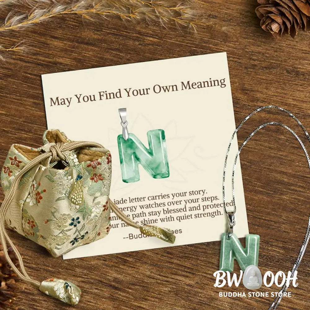 Buddha Stones ’May You Find Your Own Meaning’ Natural A-Z Letter Jade Titanium Steel Chain Necklace Includes Gift