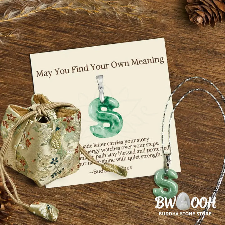 Buddha Stones ’May You Find Your Own Meaning’ Natural A-Z Letter Jade Titanium Steel Chain Necklace Includes Gift
