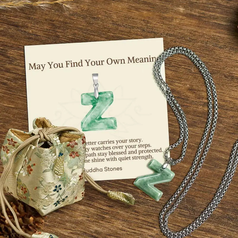 Buddha Stones ’May You Find Your Own Meaning’ Natural A-Z Letter Jade Titanium Steel Chain Necklace Includes Gift