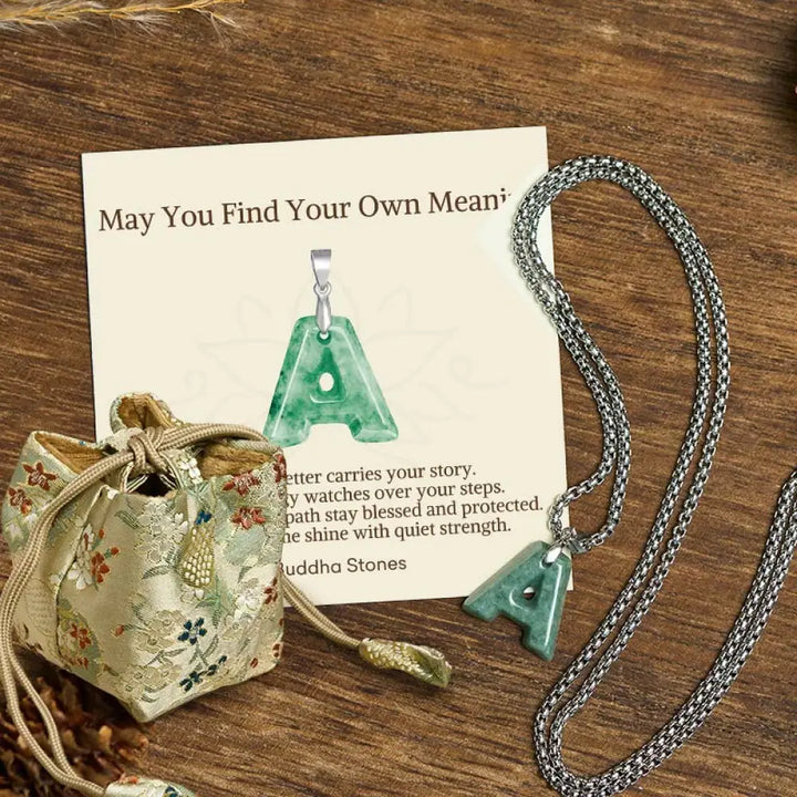 Buddha Stones ’May You Find Your Own Meaning’ Natural A-Z Letter Jade Titanium Steel Chain Necklace Includes Gift