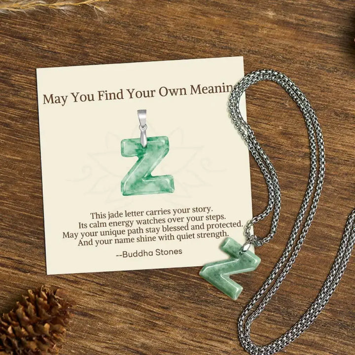 Buddha Stones ’May You Find Your Own Meaning’ Natural A-Z Letter Jade Titanium Steel Chain Necklace Includes Gift