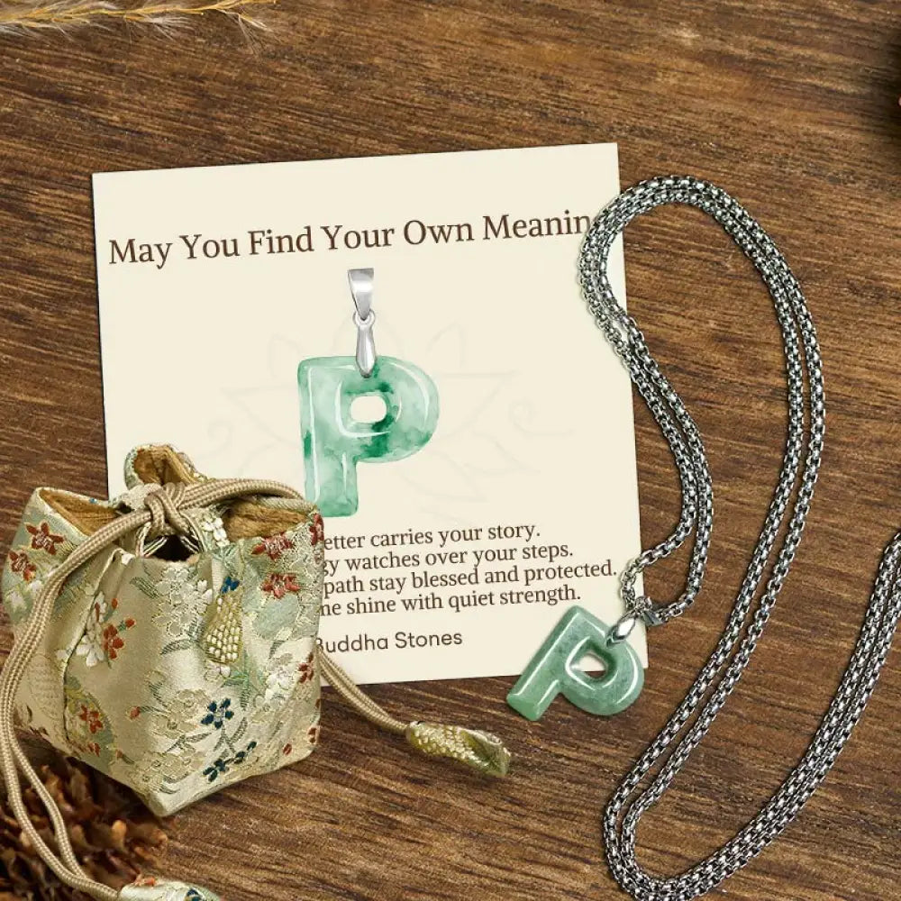 Buddha Stones ’May You Find Your Own Meaning’ Natural A-Z Letter Jade Titanium Steel Chain Necklace Includes Gift