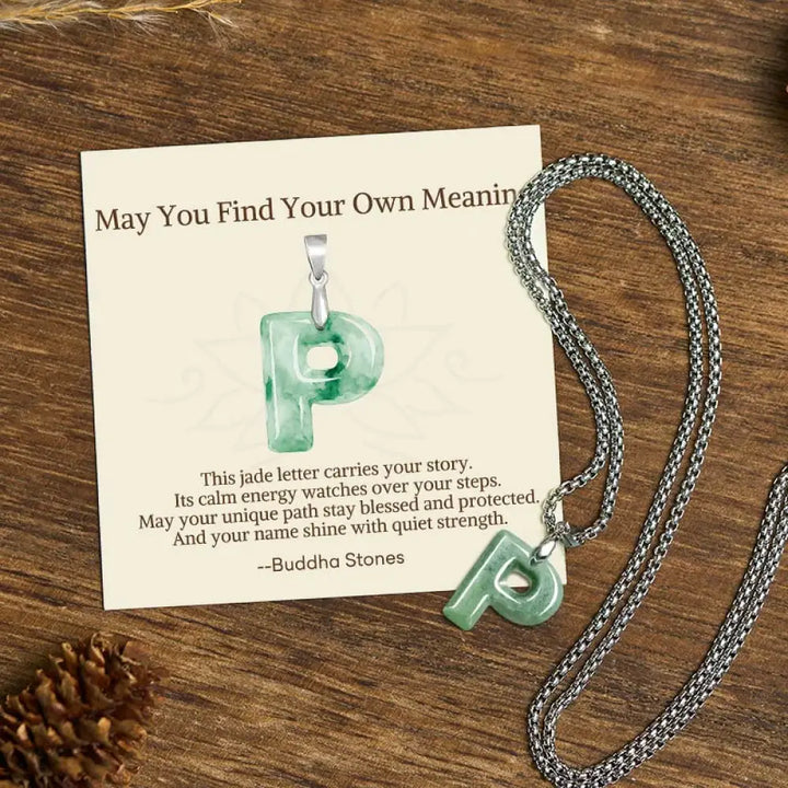 Buddha Stones ’May You Find Your Own Meaning’ Natural A-Z Letter Jade Titanium Steel Chain Necklace Includes Gift