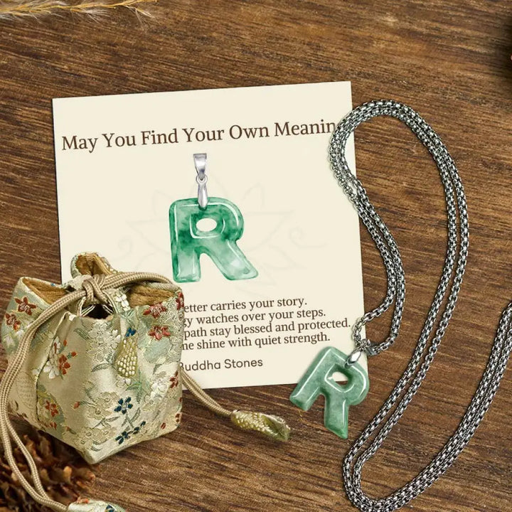 Buddha Stones ’May You Find Your Own Meaning’ Natural A-Z Letter Jade Titanium Steel Chain Necklace Includes Gift