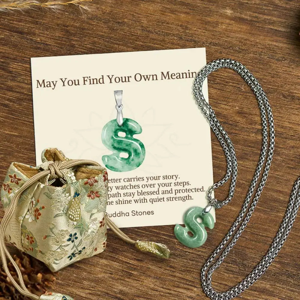 Buddha Stones ’May You Find Your Own Meaning’ Natural A-Z Letter Jade Titanium Steel Chain Necklace Includes Gift