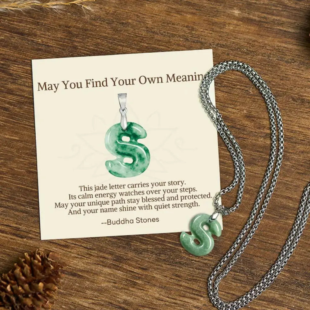 Buddha Stones ’May You Find Your Own Meaning’ Natural A-Z Letter Jade Titanium Steel Chain Necklace Includes Gift