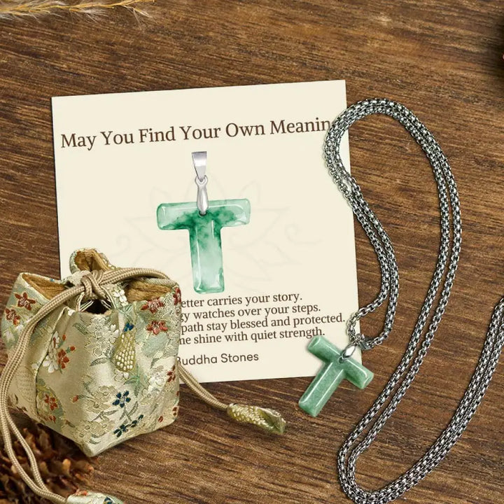Buddha Stones ’May You Find Your Own Meaning’ Natural A-Z Letter Jade Titanium Steel Chain Necklace Includes Gift