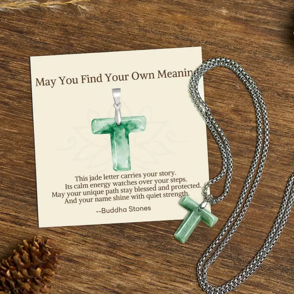 Buddha Stones ’May You Find Your Own Meaning’ Natural A-Z Letter Jade Titanium Steel Chain Necklace Includes Gift