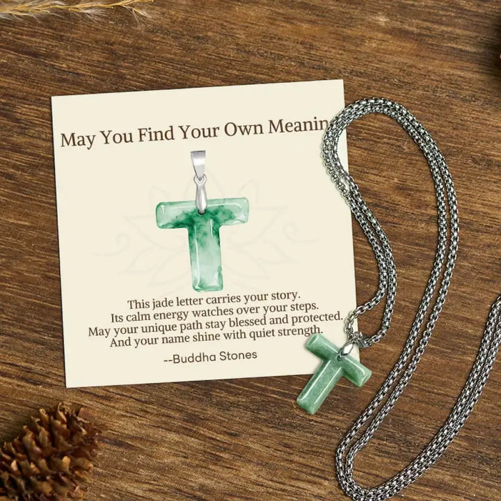 Buddha Stones ’May You Find Your Own Meaning’ Natural A-Z Letter Jade Titanium Steel Chain Necklace Includes Gift