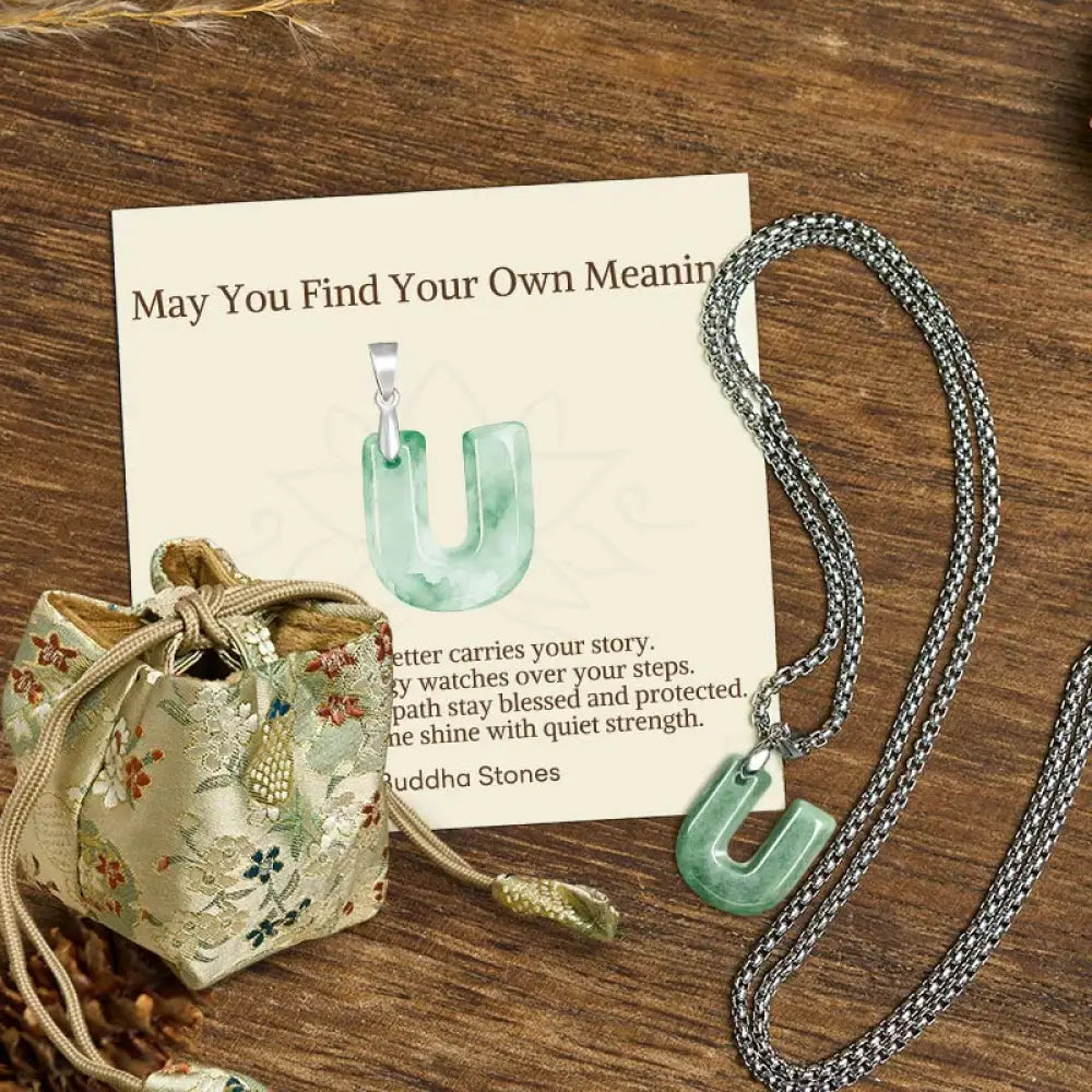 Buddha Stones ’May You Find Your Own Meaning’ Natural A-Z Letter Jade Titanium Steel Chain Necklace Includes Gift