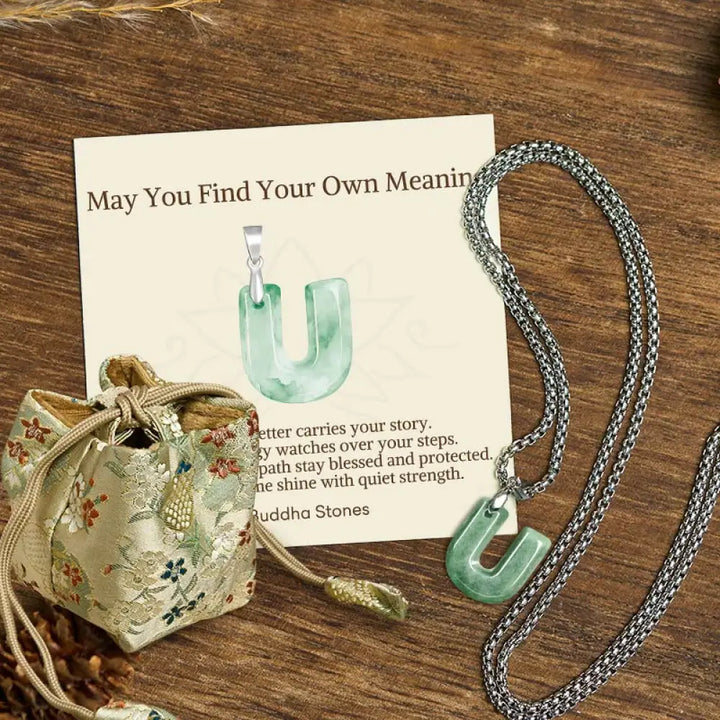 Buddha Stones ’May You Find Your Own Meaning’ Natural A-Z Letter Jade Titanium Steel Chain Necklace Includes Gift