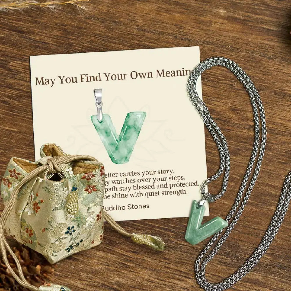 Buddha Stones ’May You Find Your Own Meaning’ Natural A-Z Letter Jade Titanium Steel Chain Necklace Includes Gift