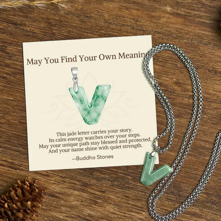 Buddha Stones ’May You Find Your Own Meaning’ Natural A-Z Letter Jade Titanium Steel Chain Necklace Includes Gift