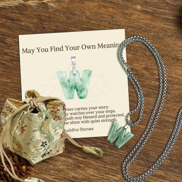 Buddha Stones ’May You Find Your Own Meaning’ Natural A-Z Letter Jade Titanium Steel Chain Necklace Includes Gift