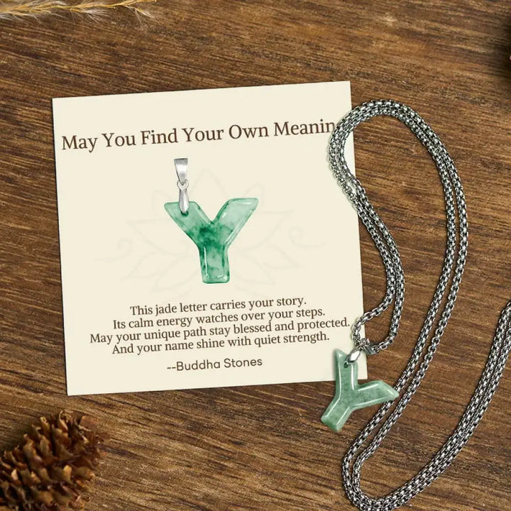 Buddha Stones ’May You Find Your Own Meaning’ Natural A-Z Letter Jade Titanium Steel Chain Necklace Includes Gift
