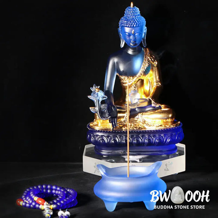 BWOOOH Medicine Buddha Handmade Liuli Crystal Art Piece Compassion Statue Home Office Offering Decoration