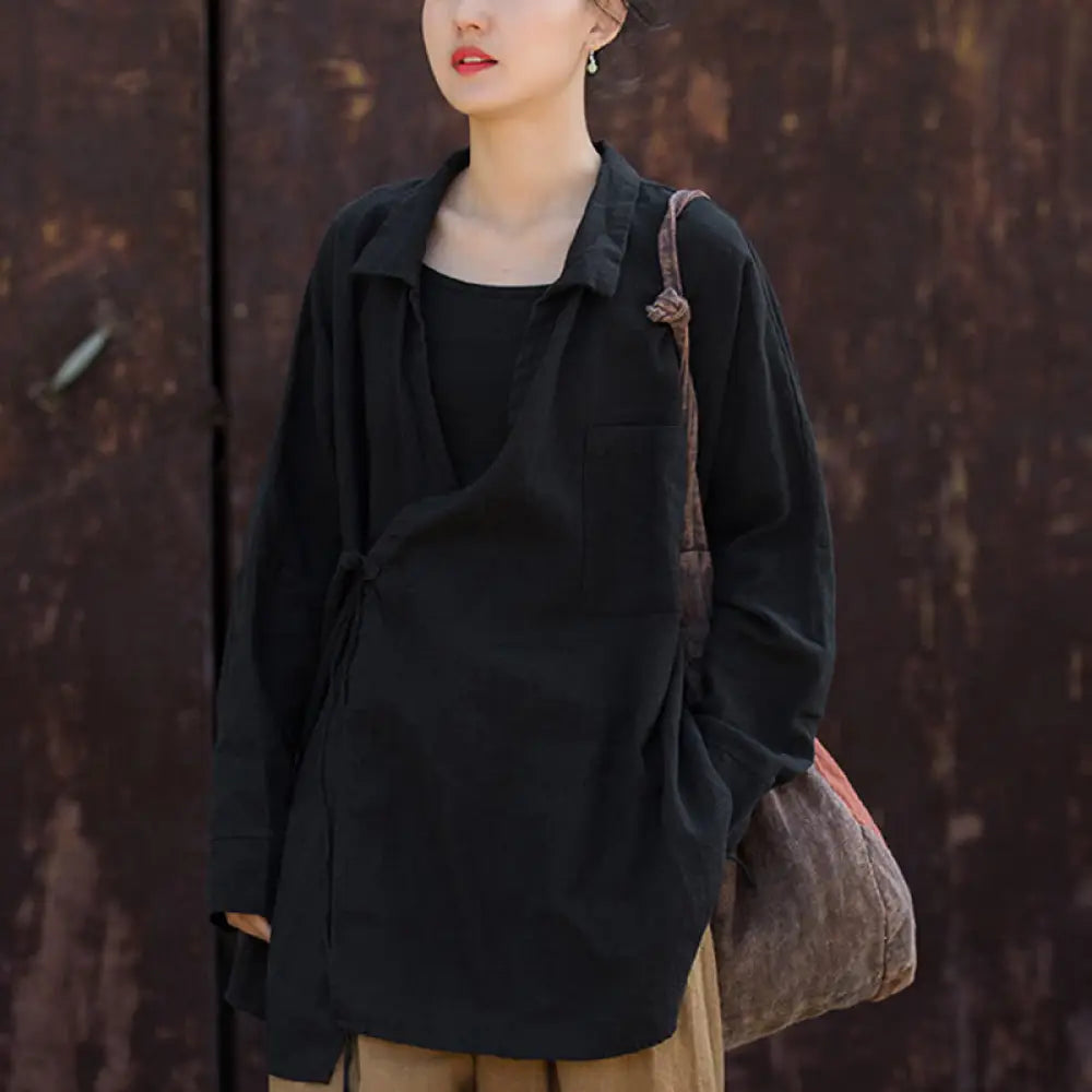 Buddha Stones Meditate Ramie Cotton Clothing - Black / US4-12，UK/AU8-16，EU36-44 (F) - Women’s Shirts
