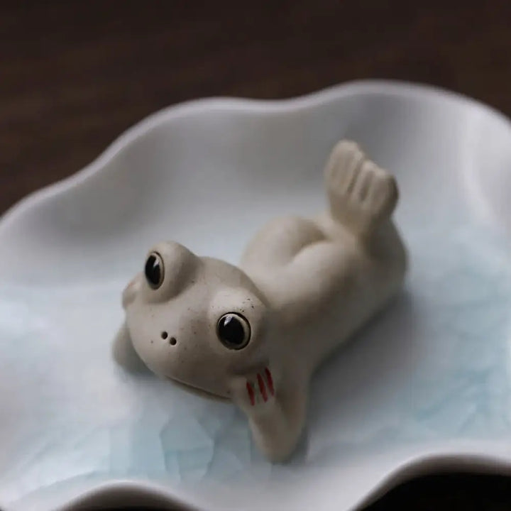 Buddha Stones Meditating Ceramic Small Frog Statue Decoration - Frog(Lotus Tray Not included) - Decorations