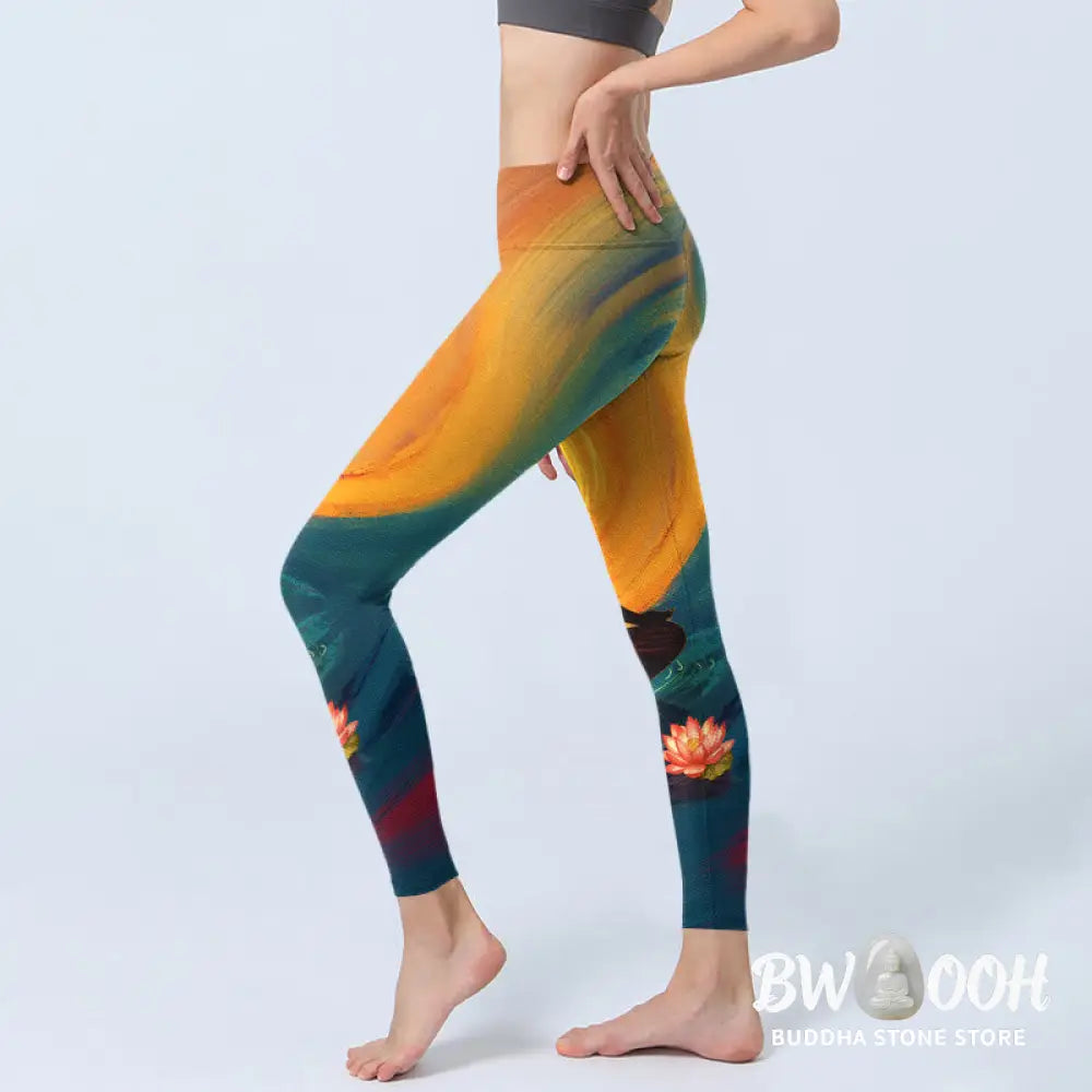 BWOOOH lotus print yoga leggings - Meditating Figure Lotus Flower Print Gym