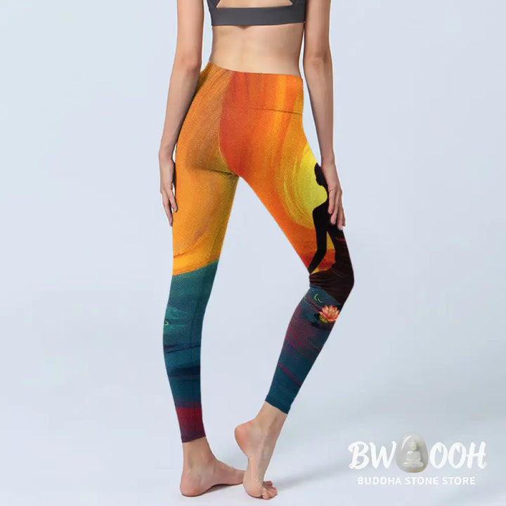 BWOOOH lotus print yoga leggings - Meditating Figure Lotus Flower Print Gym