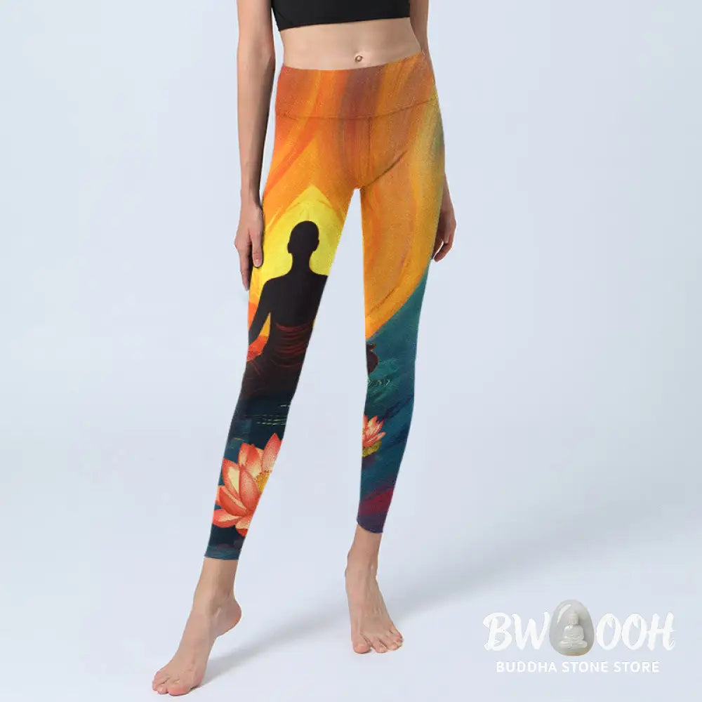 BWOOOH lotus print yoga leggings - Meditating Figure Lotus Flower Print Gym