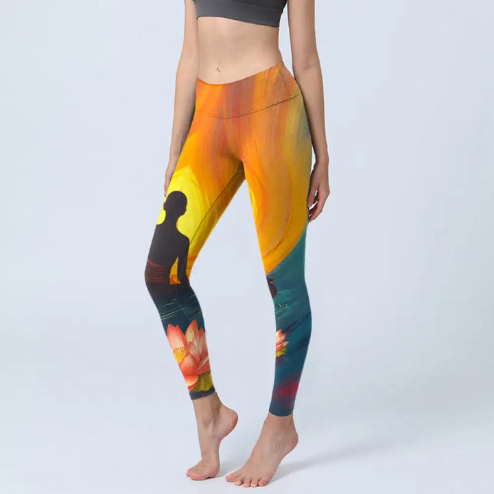 BWOOOH lotus print yoga leggings - Meditating Figure Lotus Flower Print Gym