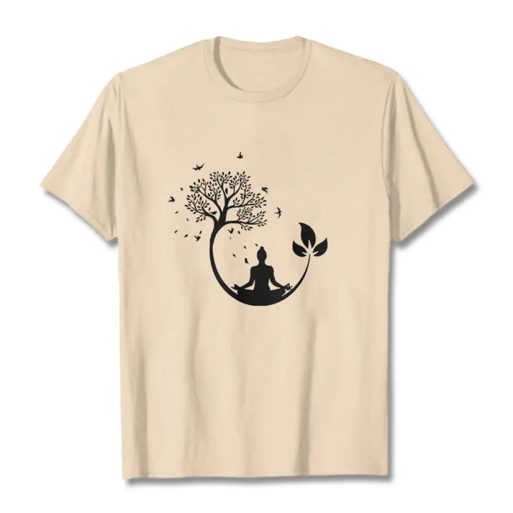 Buddha Stones Buddha Meditating In A Tree Pattern Cotton Tee T-shirt - Bisque / S - T-Shirts