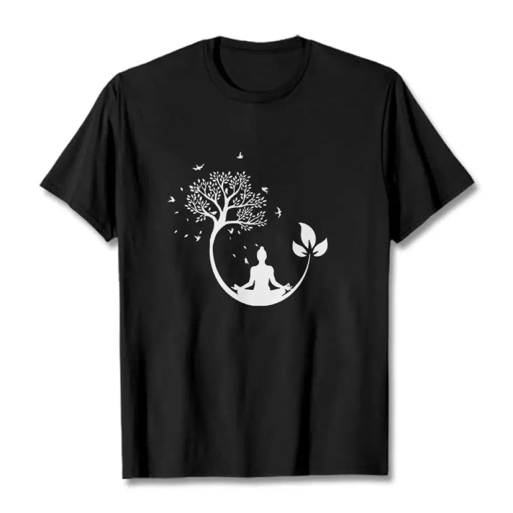 Buddha Stones Buddha Meditating In A Tree Pattern Cotton Tee T-shirt - Black / S - T-Shirts