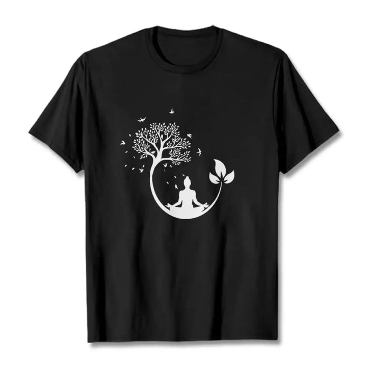 Buddha Stones Buddha Meditating In A Tree Pattern Cotton Tee T-shirt - Black / S - T-Shirts