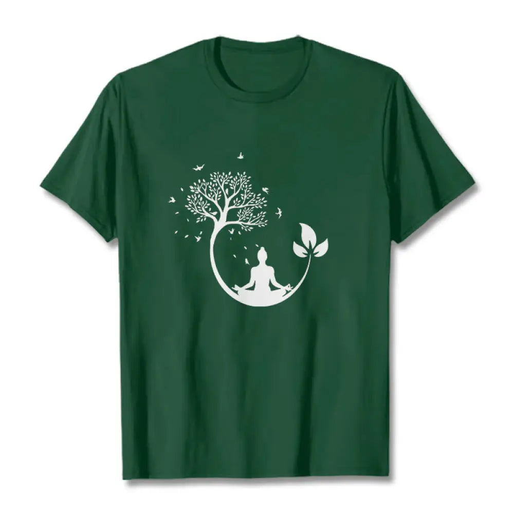Buddha Stones Buddha Meditating In A Tree Pattern Cotton Tee T-shirt - ForestGreen / S - T-Shirts