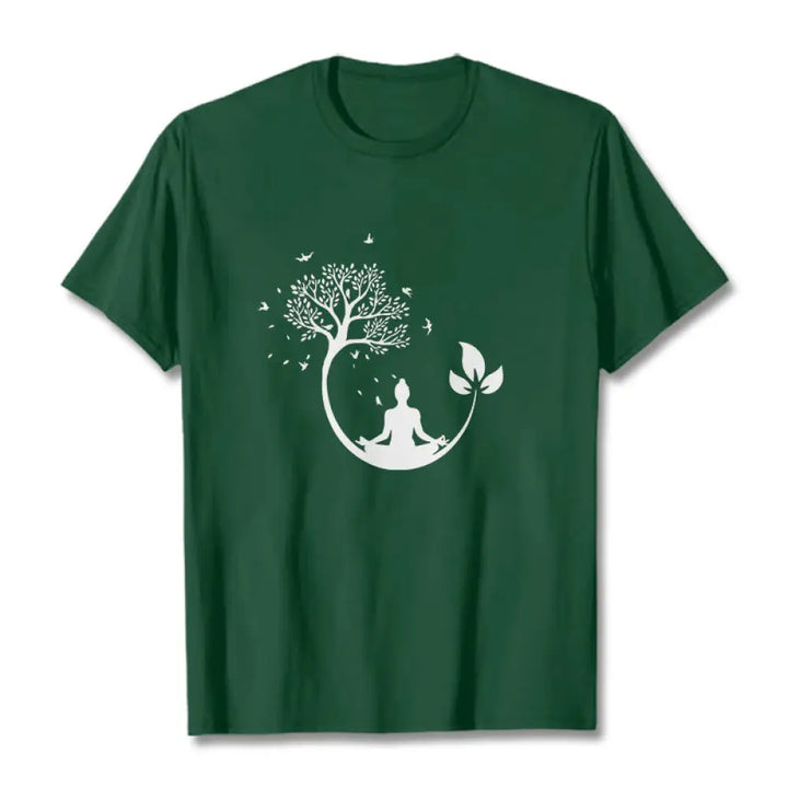 Buddha Stones Buddha Meditating In A Tree Pattern Cotton Tee T-shirt - ForestGreen / S - T-Shirts