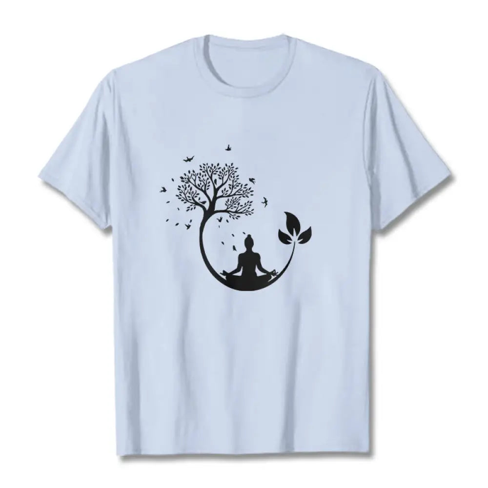 Buddha Stones Buddha Meditating In A Tree Pattern Cotton Tee T-shirt - LightCyan / S - T-Shirts