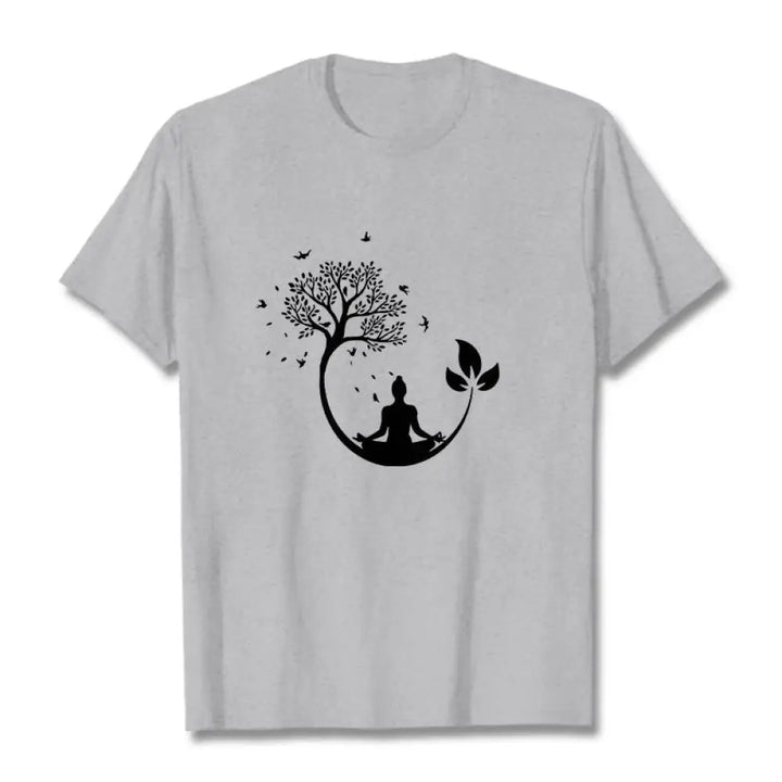 Buddha Stones Buddha Meditating In A Tree Pattern Cotton Tee T-shirt - LightGrey / S - T-Shirts