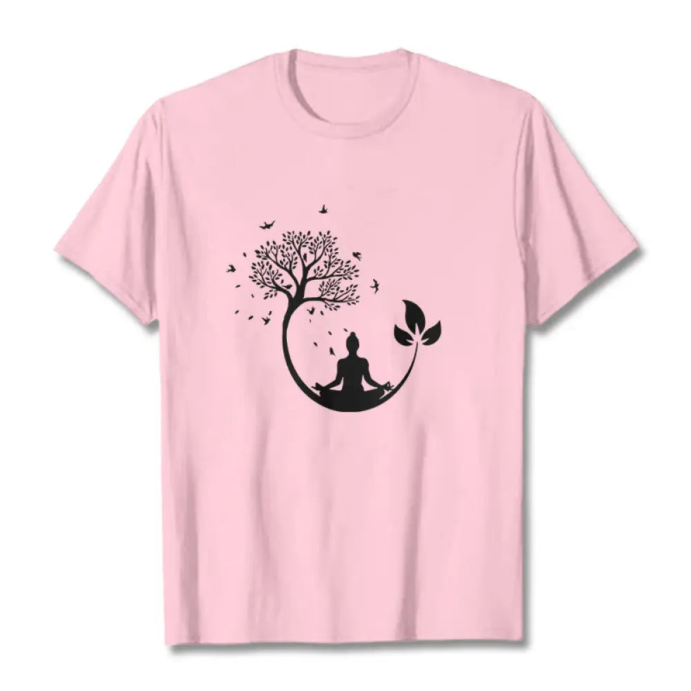 Buddha Stones Buddha Meditating In A Tree Pattern Cotton Tee T-shirt - LightPink / S - T-Shirts