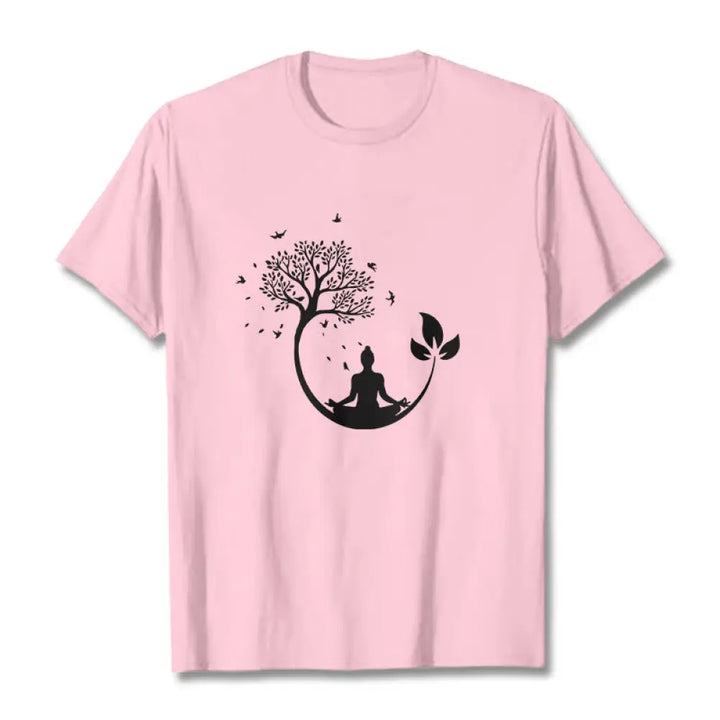 Buddha Stones Buddha Meditating In A Tree Pattern Cotton Tee T-shirt - LightPink / S - T-Shirts
