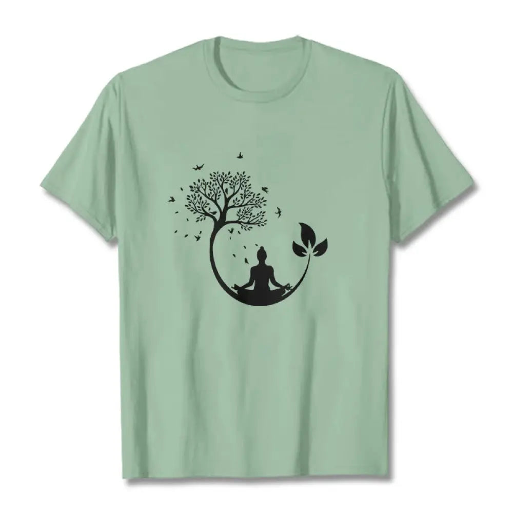 Buddha Stones Buddha Meditating In A Tree Pattern Cotton Tee T-shirt - PaleGreen / S - T-Shirts