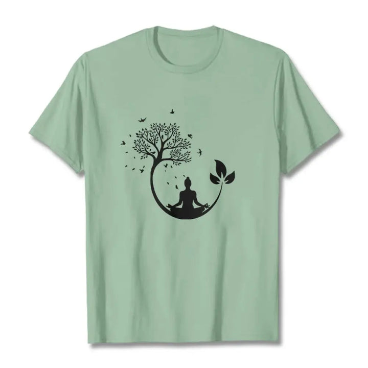 Buddha Stones Buddha Meditating In A Tree Pattern Cotton Tee T-shirt - PaleGreen / S - T-Shirts