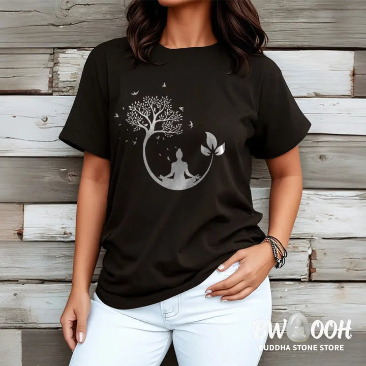 Buddha Stones Buddha Meditating In A Tree Pattern Cotton Tee T-shirt - T-Shirts