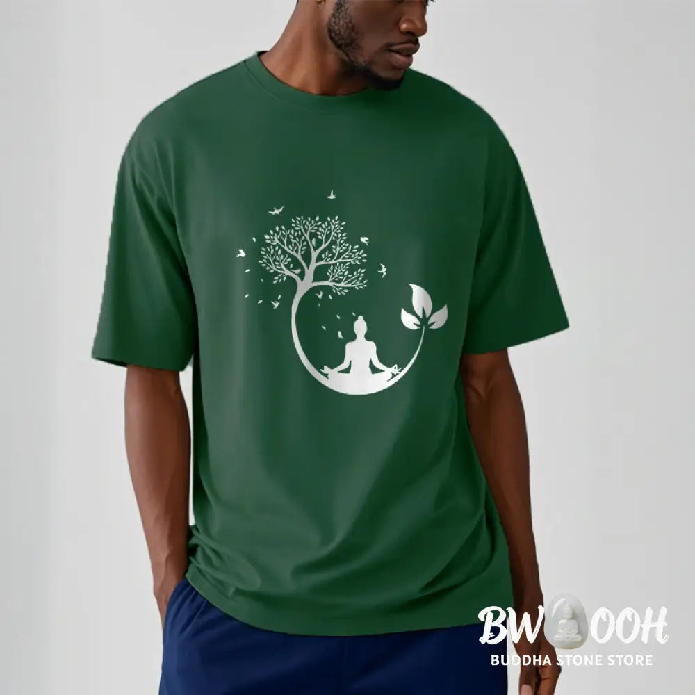 Buddha Stones Buddha Meditating In A Tree Pattern Cotton Tee T-shirt - T-Shirts