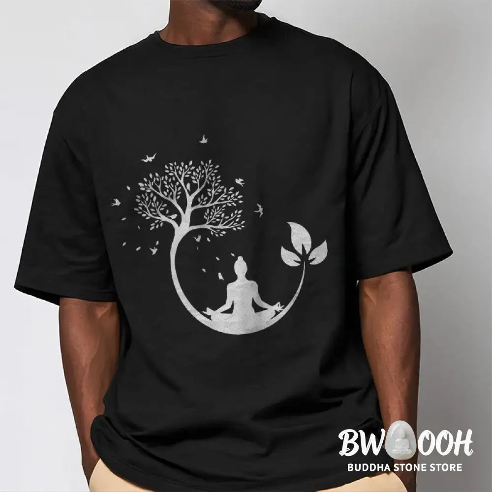 Buddha Stones Buddha Meditating In A Tree Pattern Cotton Tee T-shirt - T-Shirts