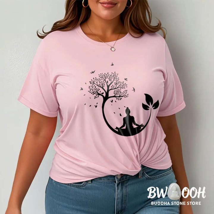 Buddha Stones Buddha Meditating In A Tree Pattern Cotton Tee T-shirt - T-Shirts