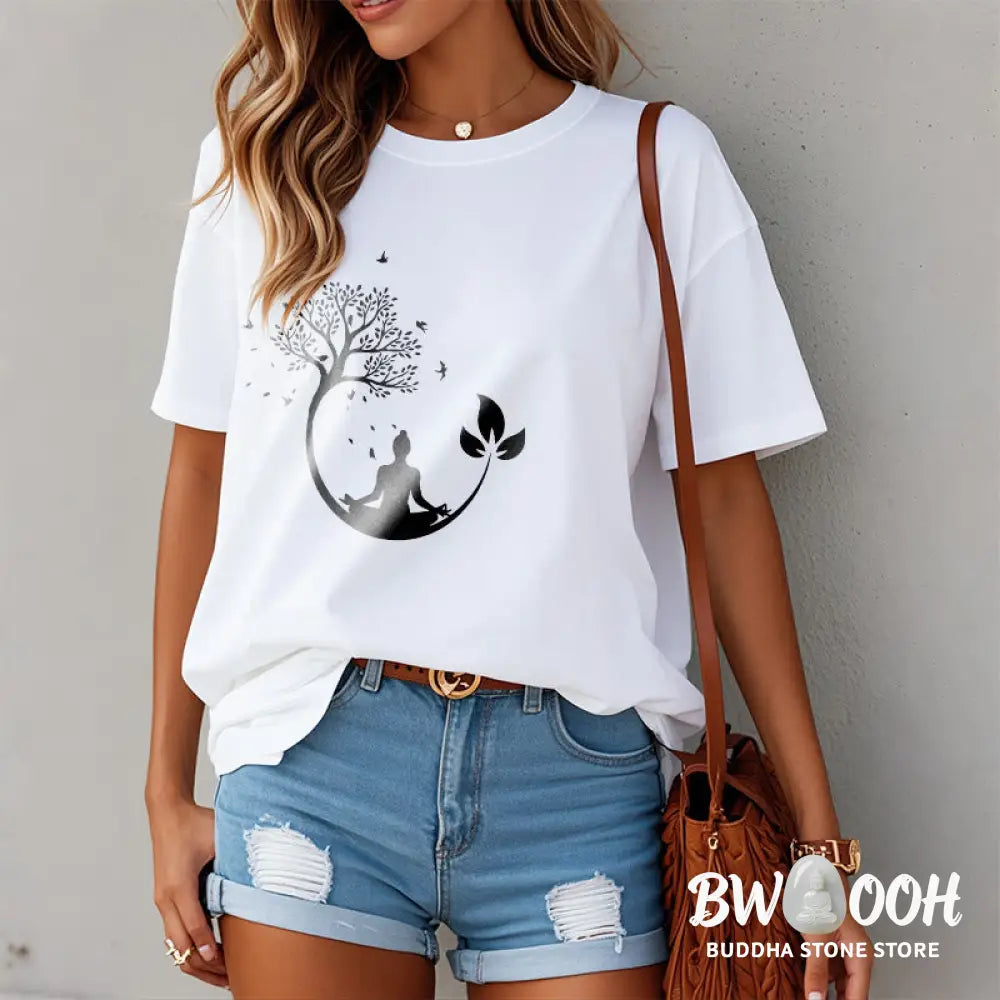 Buddha Stones Buddha Meditating In A Tree Pattern Cotton Tee T-shirt - T-Shirts