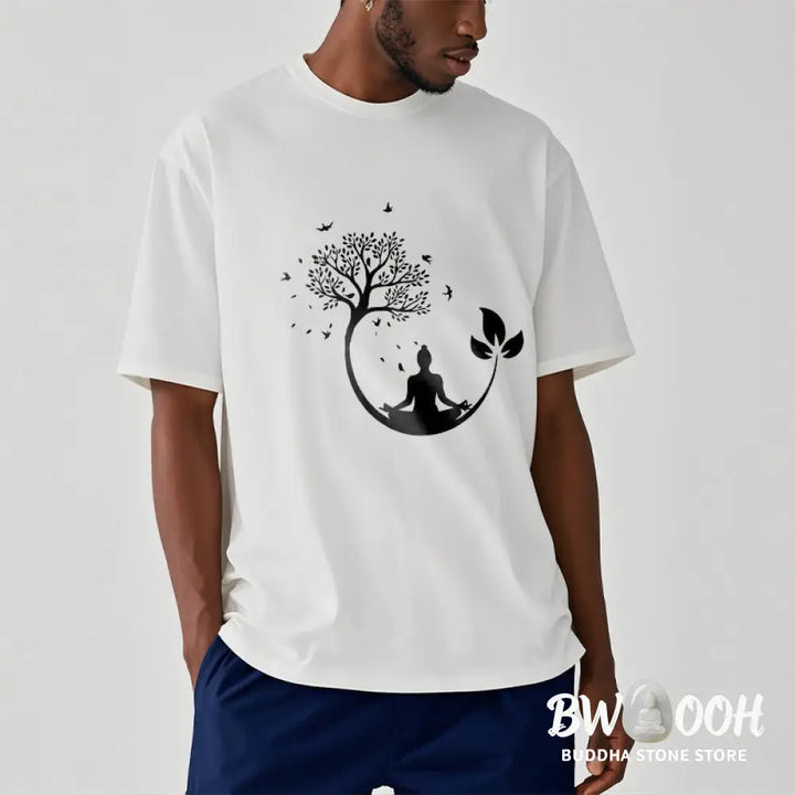 Buddha Stones Buddha Meditating In A Tree Pattern Cotton Tee T-shirt - T-Shirts