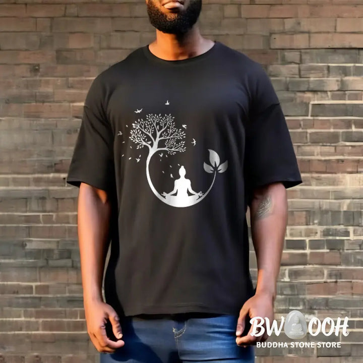 Buddha Stones Buddha Meditating In A Tree Pattern Cotton Tee T-shirt - T-Shirts
