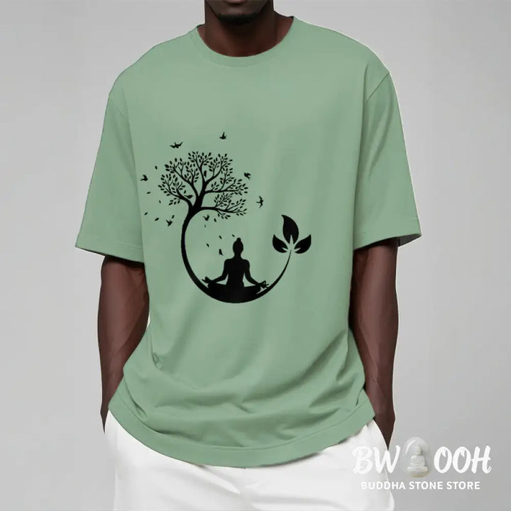 Buddha Stones Buddha Meditating In A Tree Pattern Cotton Tee T-shirt - T-Shirts