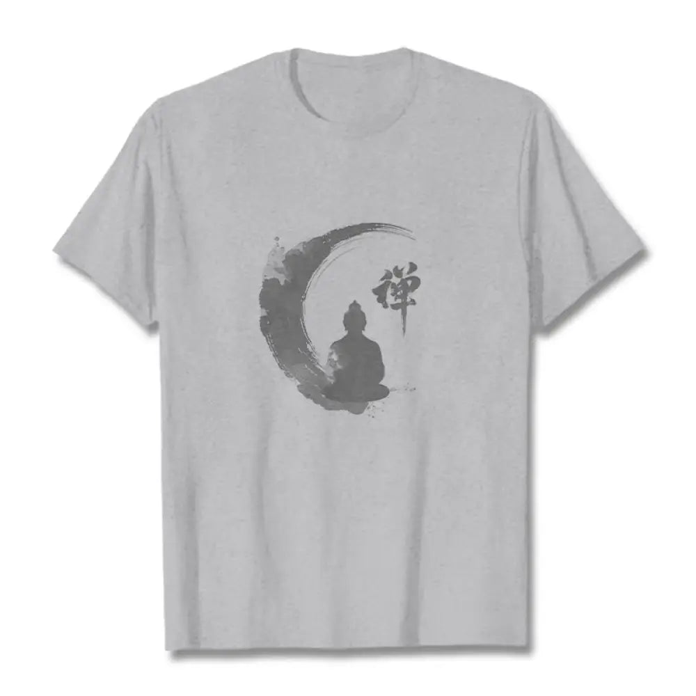 Buddha Stones Meditating Buddha Pattern Cotton Tee T-shirt - Light Grey / S - T-Shirts