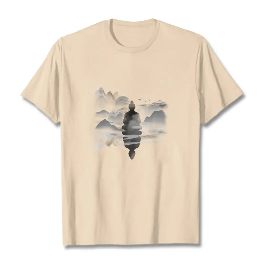 Buddha Stones Meditating Buddha Sitting In Mountains Pattern Cotton Tee T-shirt - Bisque / S - T-Shirts