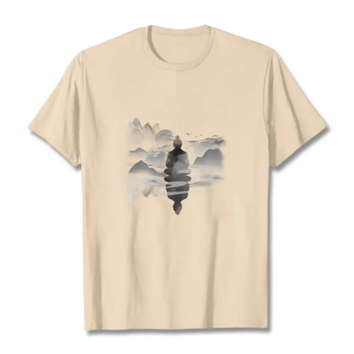 Buddha Stones Meditating Buddha Sitting In Mountains Pattern Cotton Tee T-shirt - Bisque / S - T-Shirts