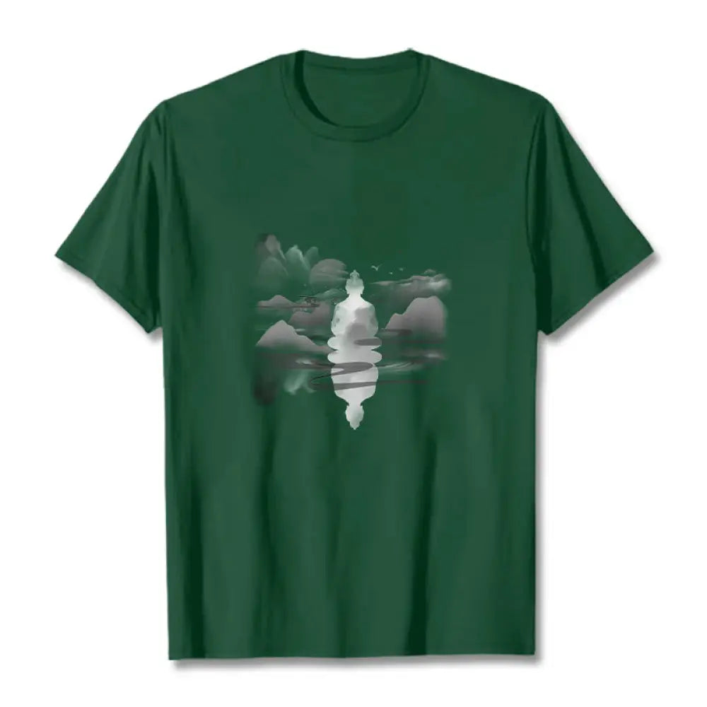 Buddha Stones Meditating Buddha Sitting In Mountains Pattern Cotton Tee T-shirt - Forest Green / S - T-Shirts